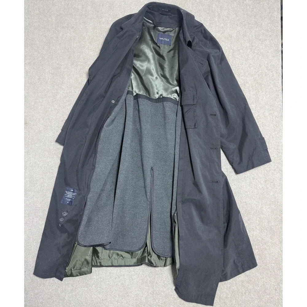 Nautica Trench Coat Mens 40 Black Belted‎ Double Breasted Removable Liner